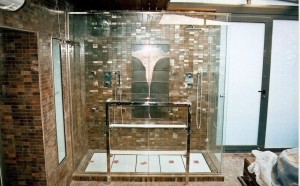 Shower enclosure type with stabilizer bar towel